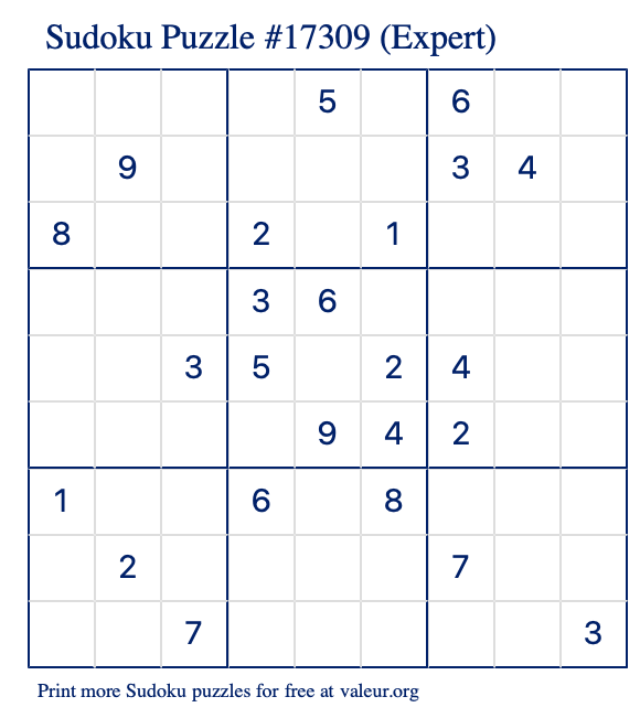 Free Printable Expert Sudoku Puzzle number 17309