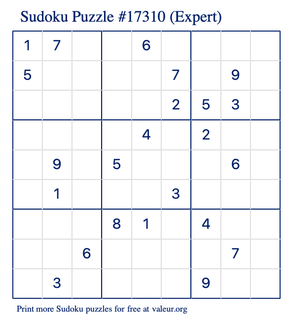 Free Printable Expert Sudoku Puzzle number 17310