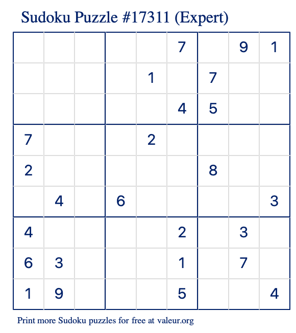 Free Printable Expert Sudoku Puzzle number 17311