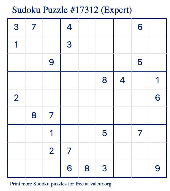 Free Printable Expert Sudoku Puzzle number 17312