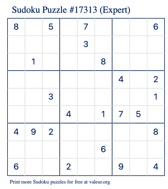 Free Printable Expert Sudoku Puzzle number 17313