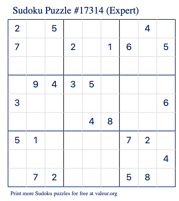 Free Printable Expert Sudoku Puzzle number 17314