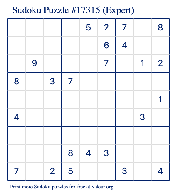 Free Printable Expert Sudoku Puzzle number 17315