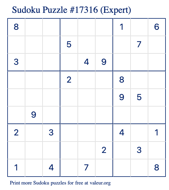 Free Printable Expert Sudoku Puzzle number 17316