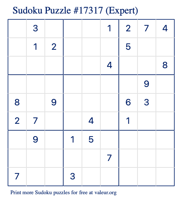 Free Printable Expert Sudoku Puzzle number 17317