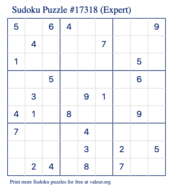 Free Printable Expert Sudoku Puzzle number 17318