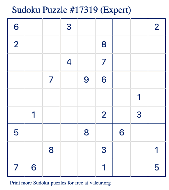 Free Printable Expert Sudoku Puzzle number 17319