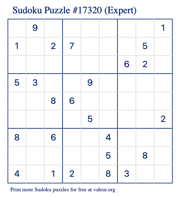 Free Printable Expert Sudoku Puzzle number 17320