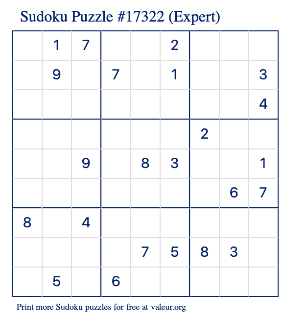 Free Printable Expert Sudoku Puzzle number 17322