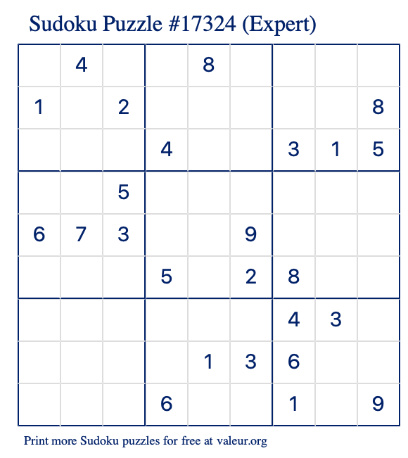 Free Printable Expert Sudoku Puzzle number 17324