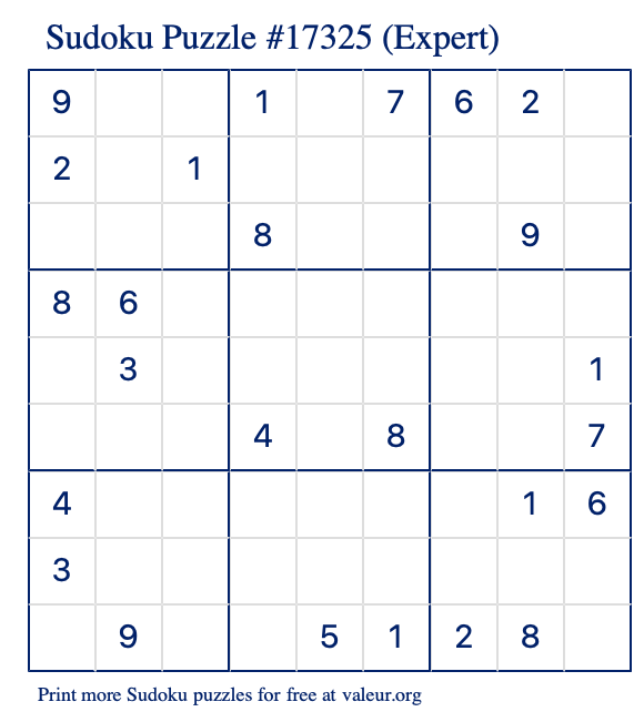 Free Printable Expert Sudoku Puzzle number 17325