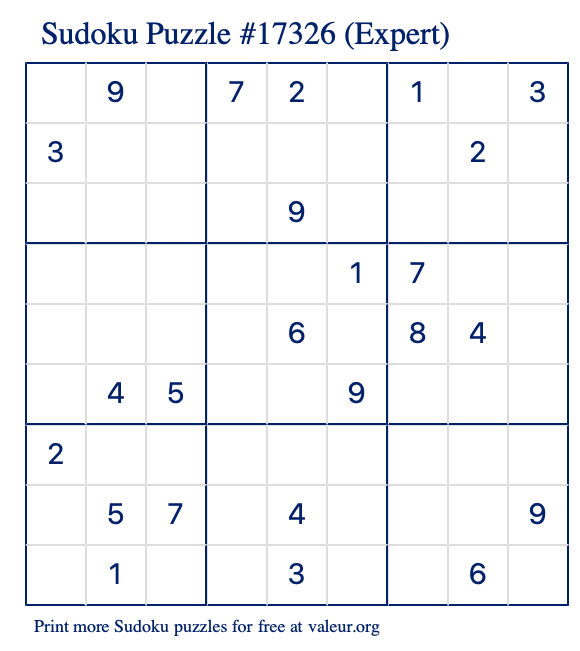 Free Printable Expert Sudoku Puzzle number 17326