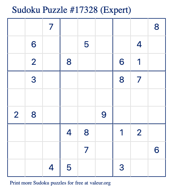 Free Printable Expert Sudoku Puzzle number 17328