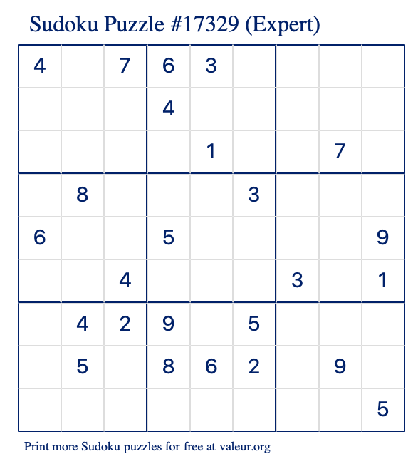 Free Printable Expert Sudoku Puzzle number 17329