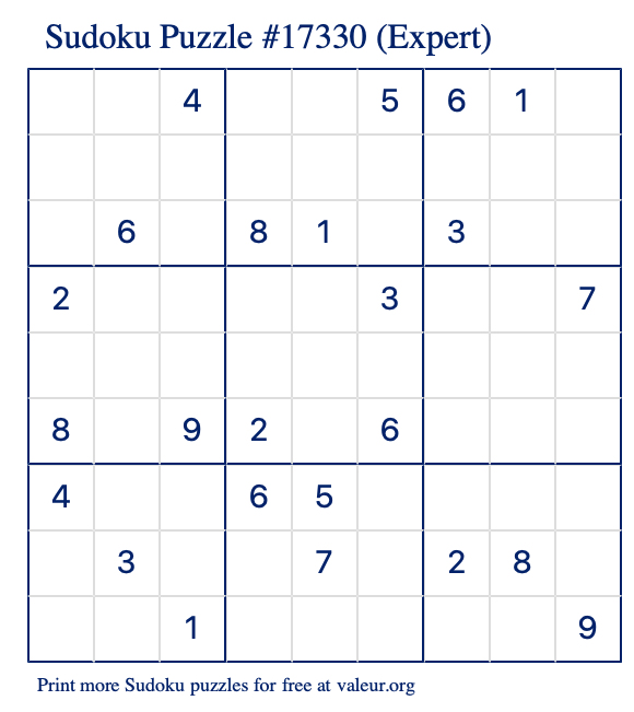 Free Printable Expert Sudoku Puzzle number 17330