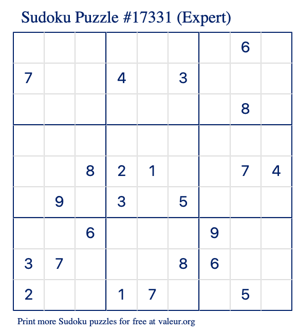 Free Printable Expert Sudoku Puzzle number 17331