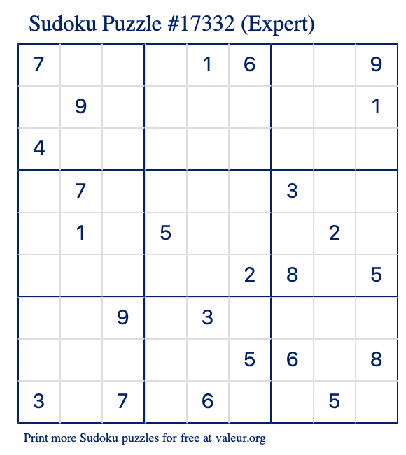 Free Printable Expert Sudoku Puzzle number 17332