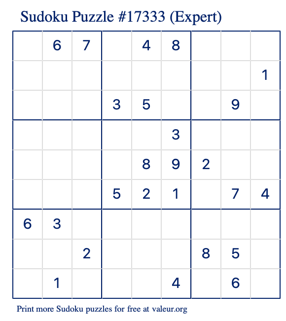 Free Printable Expert Sudoku Puzzle number 17333