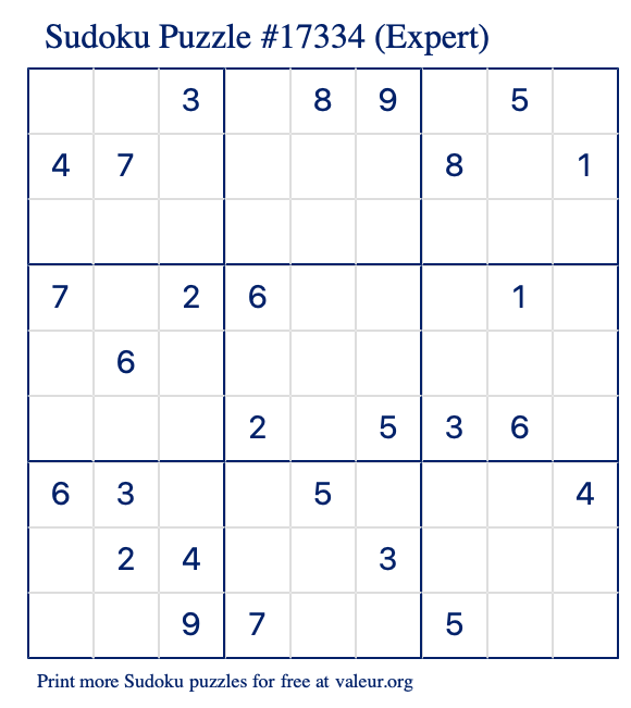 Free Printable Expert Sudoku Puzzle number 17334