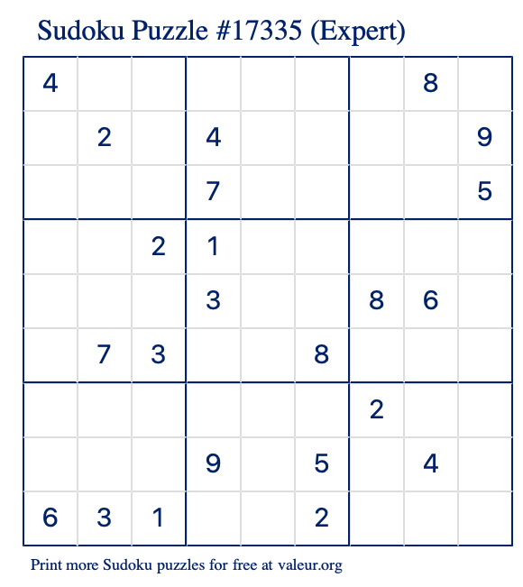 Free Printable Expert Sudoku Puzzle number 17335