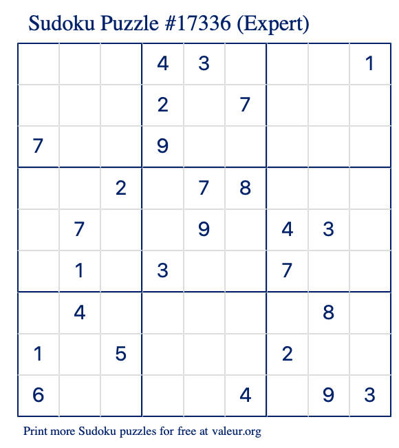 Free Printable Expert Sudoku Puzzle number 17336