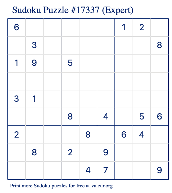 Free Printable Expert Sudoku Puzzle number 17337