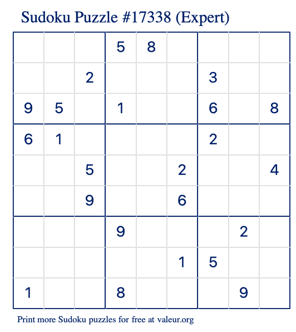 Free Printable Expert Sudoku Puzzle number 17338