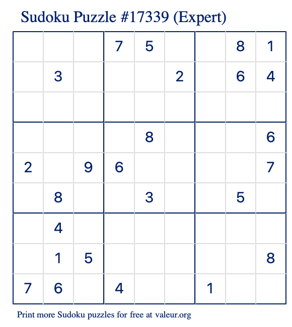 Free Printable Expert Sudoku Puzzle number 17339