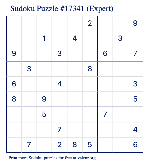 Free Printable Expert Sudoku Puzzle number 17341