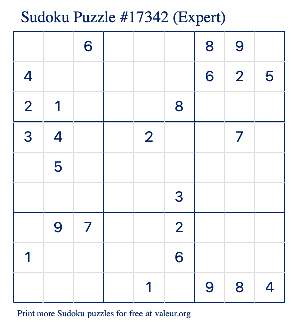 Free Printable Expert Sudoku Puzzle number 17342