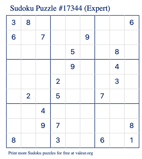 Free Printable Expert Sudoku Puzzle number 17344