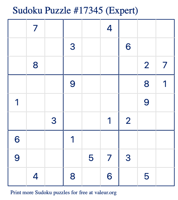 Free Printable Expert Sudoku Puzzle number 17345