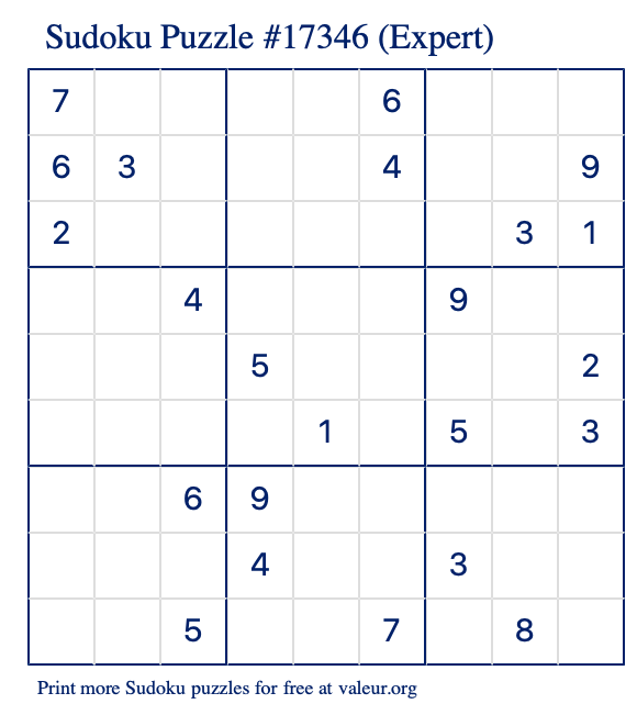 Free Printable Expert Sudoku Puzzle number 17346