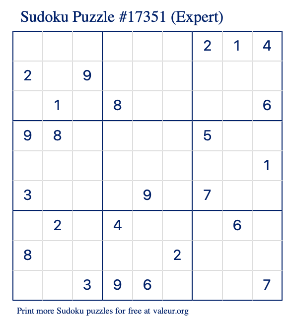 Free Printable Expert Sudoku Puzzle number 17351