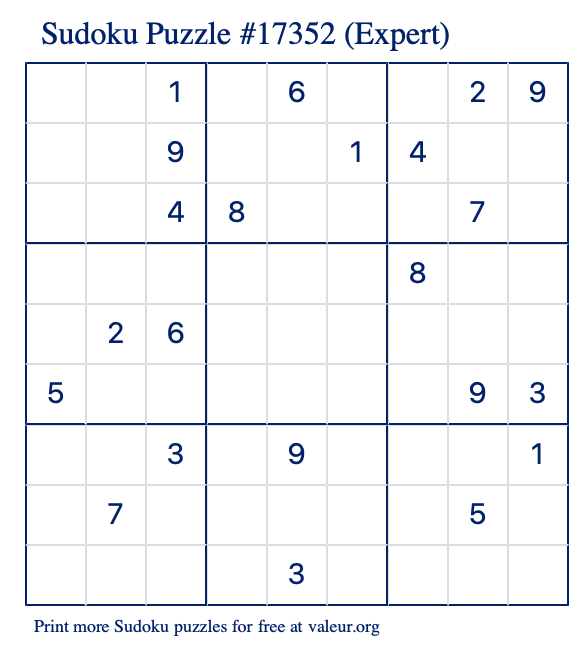 Free Printable Expert Sudoku Puzzle number 17352