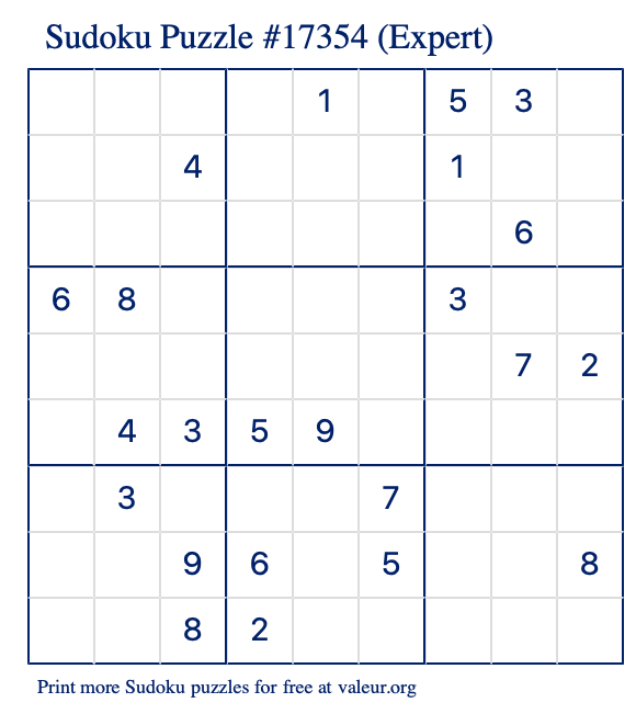 Free Printable Expert Sudoku Puzzle number 17354