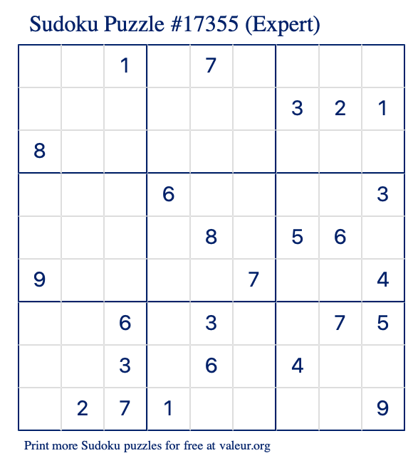 Free Printable Expert Sudoku Puzzle number 17355