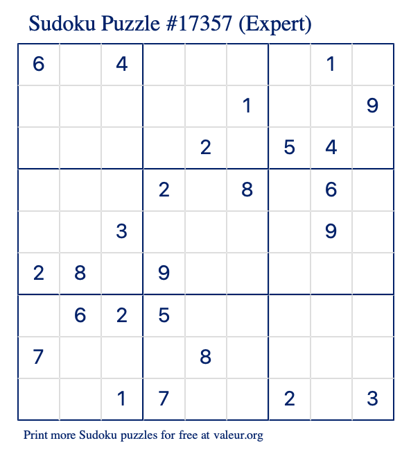 Free Printable Expert Sudoku Puzzle number 17357