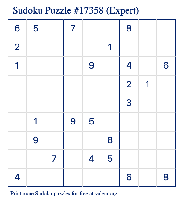 Free Printable Expert Sudoku Puzzle number 17358