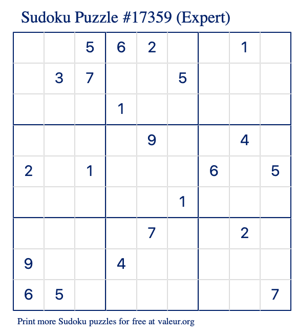 Free Printable Expert Sudoku Puzzle number 17359