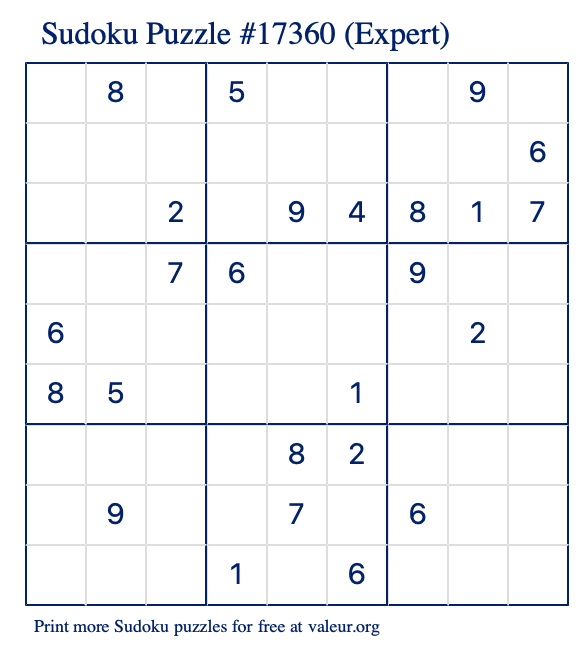 Free Printable Expert Sudoku Puzzle number 17360