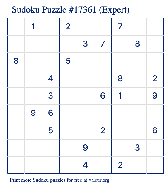 Free Printable Expert Sudoku Puzzle number 17361