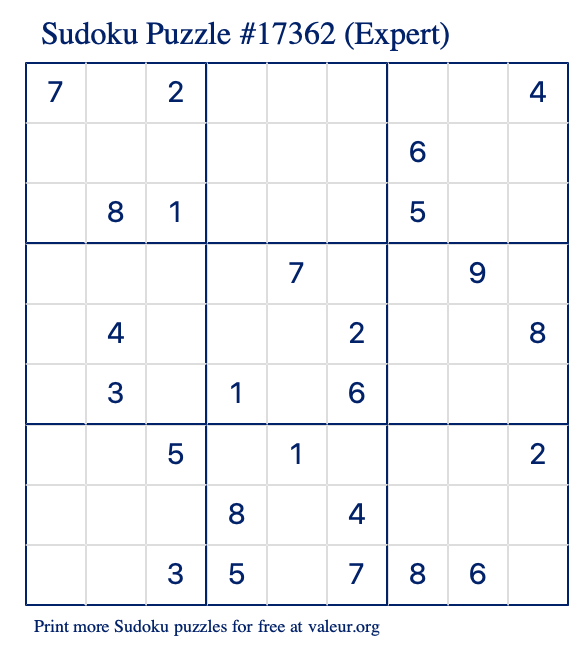 Free Printable Expert Sudoku Puzzle number 17362