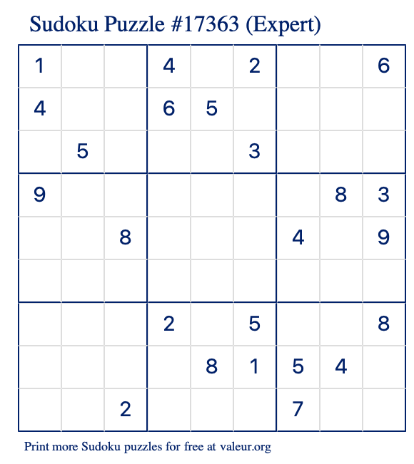 Free Printable Expert Sudoku Puzzle number 17363