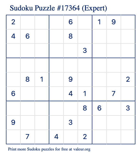 Free Printable Expert Sudoku Puzzle number 17364