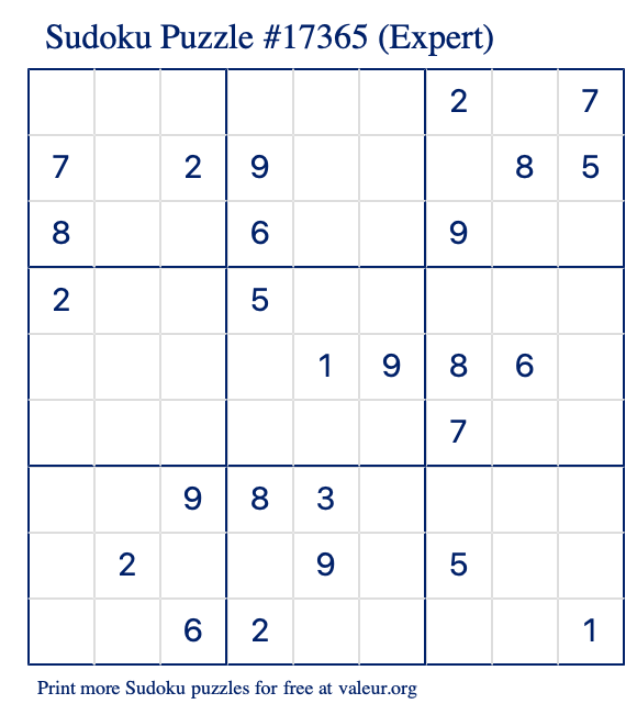 Free Printable Expert Sudoku Puzzle number 17365