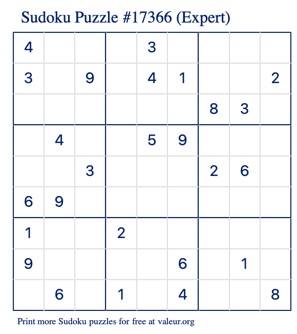 Free Printable Expert Sudoku Puzzle number 17366