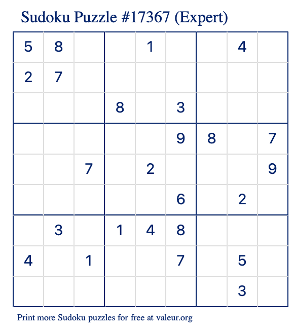 Free Printable Expert Sudoku Puzzle number 17367