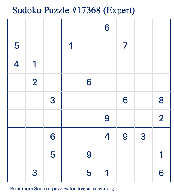 Free Printable Expert Sudoku Puzzle number 17368