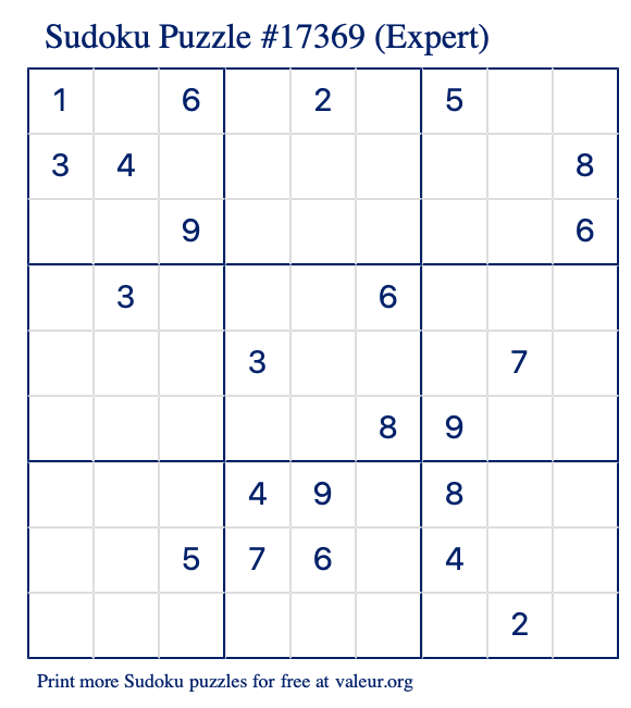 Free Printable Expert Sudoku Puzzle number 17369